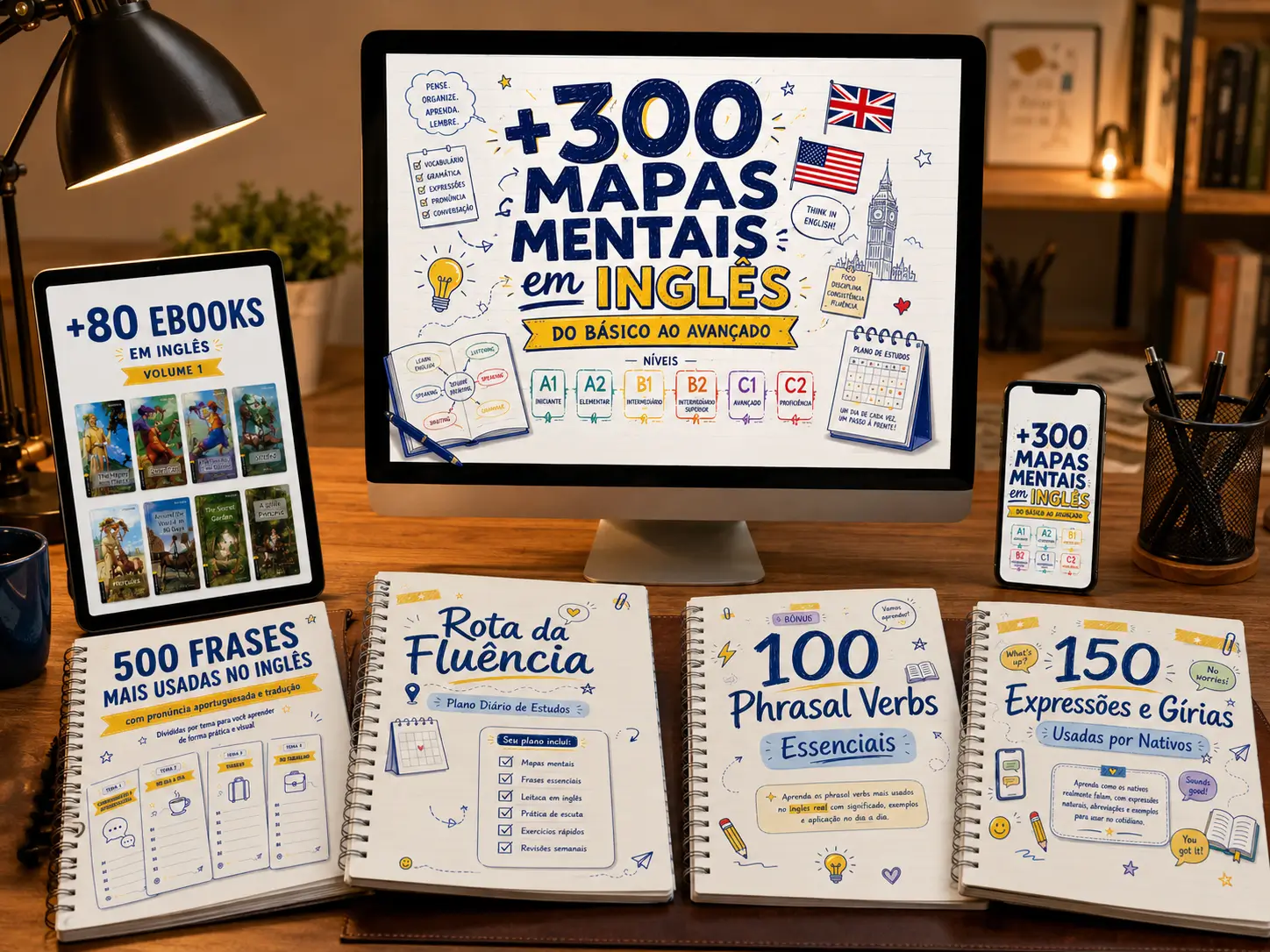 Mockup do Plano Completo: mais de 300 mapas mentais, ebooks, frases, phrasal verbs e expressões em inglês