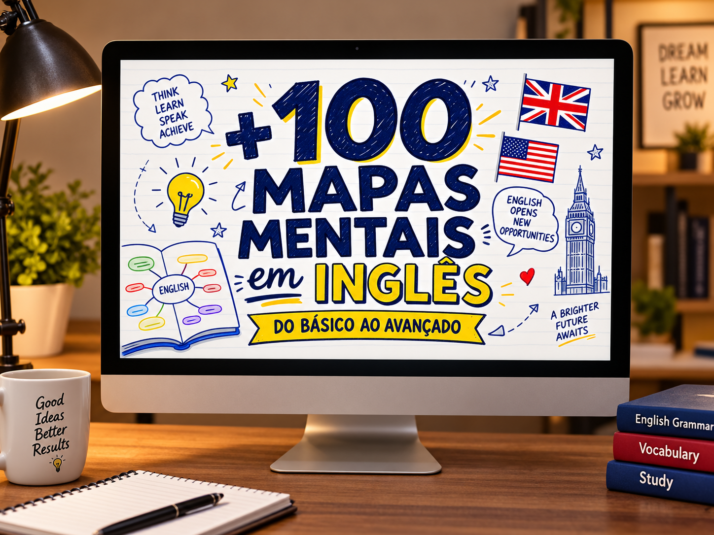 Mockup do Plano Essencial: 100 mapas mentais de inglês do básico ao avançado